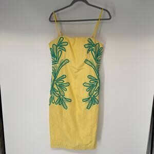 Tracy Reese Mini Dress Womens 12 Yellow Blue Embroidered Detail Sleeveless Y2K